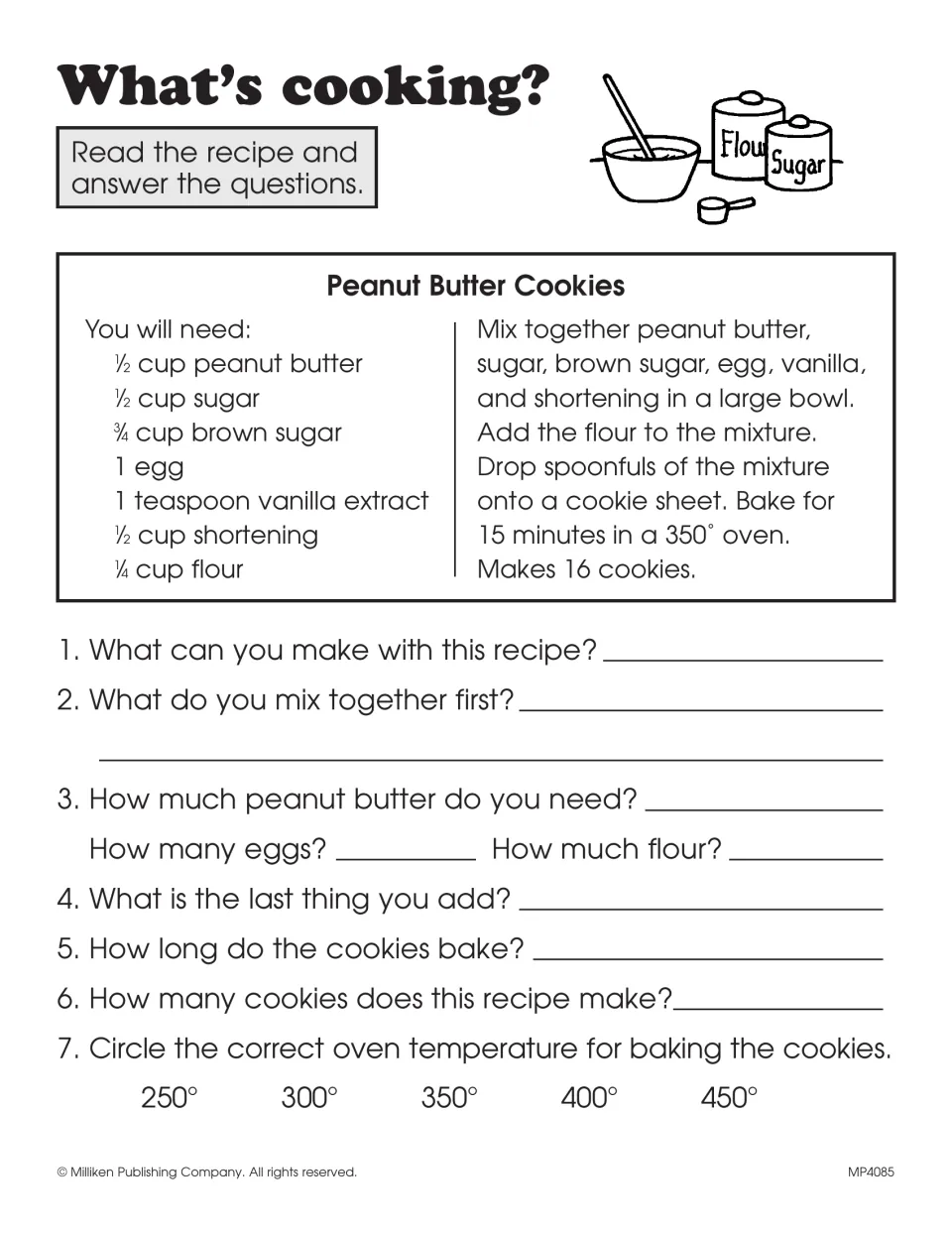 Recipe reading worksheet with peanut butter cookie ingredients and seven questions about amounts and baking steps
