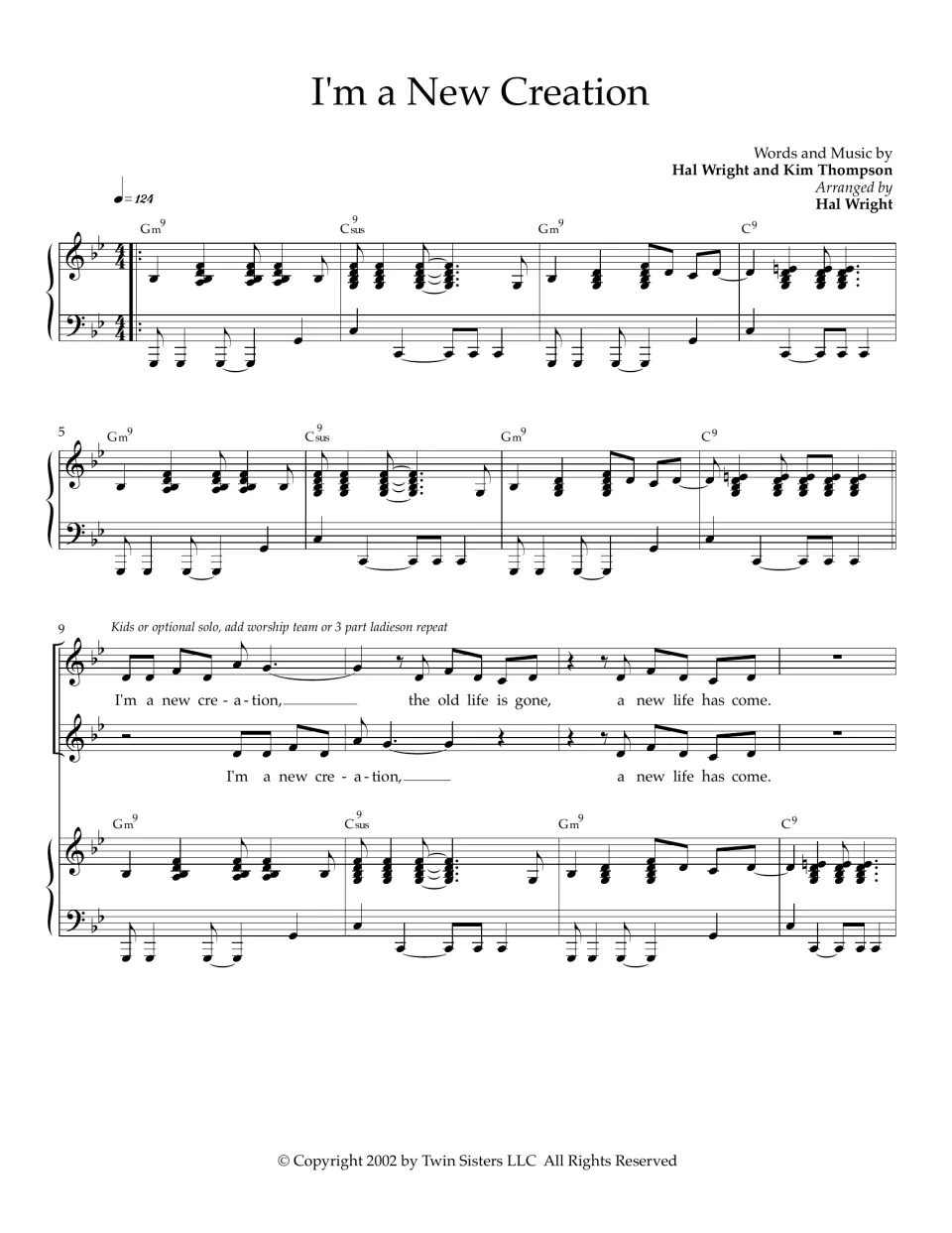 Song score, opening: piano intro on Gm9 and Csus chords at 124 bpm, then two vocal parts sing "I'm a new creation"