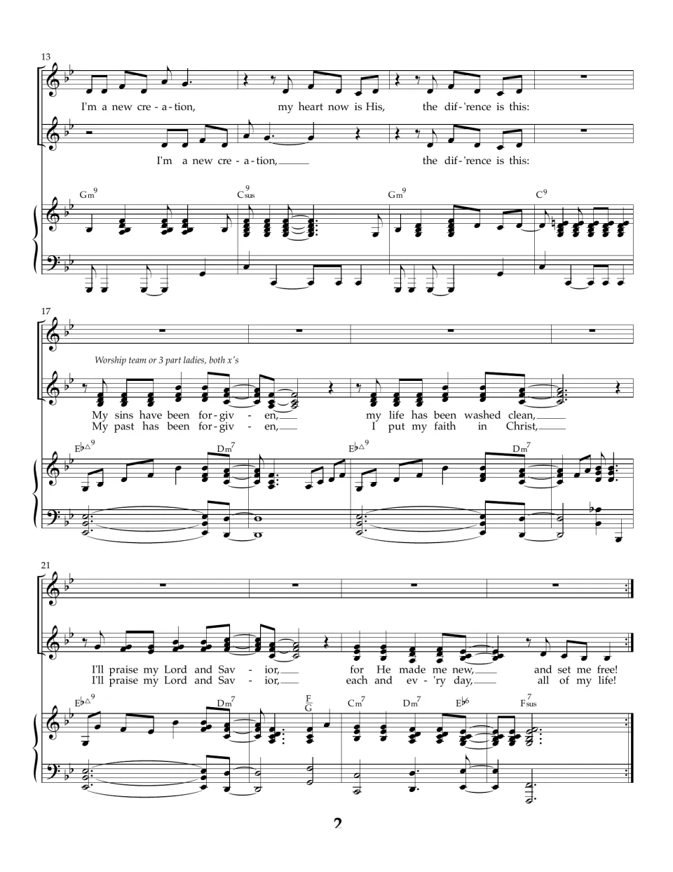Measures 13-24: chorus, then worship team or 3-part ladies sing "My sins have been forgiven" with a second verse