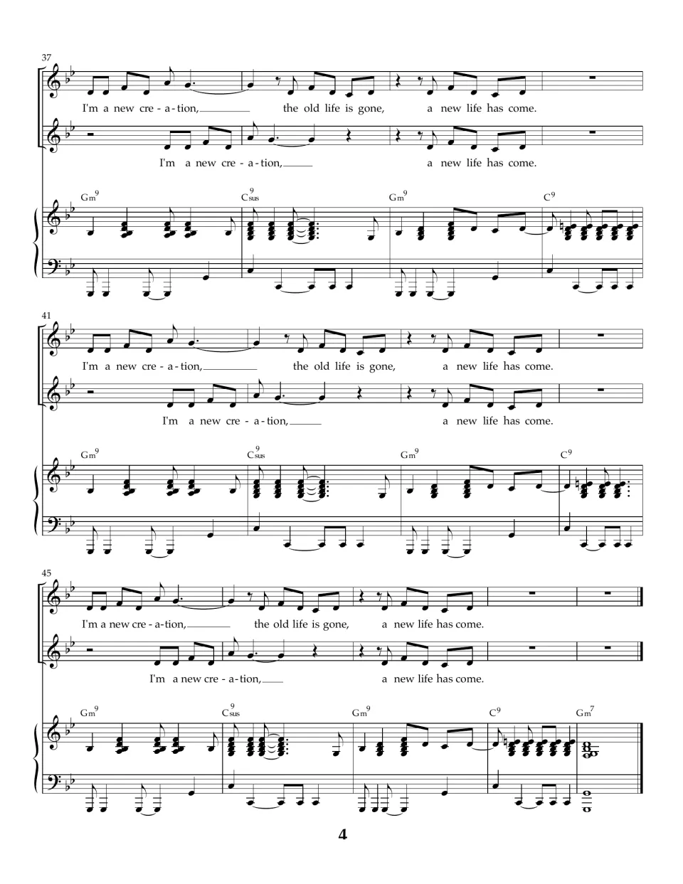 Measures 37-48: both vocal parts sing the "new life has come" chorus three times, ending on Gm7