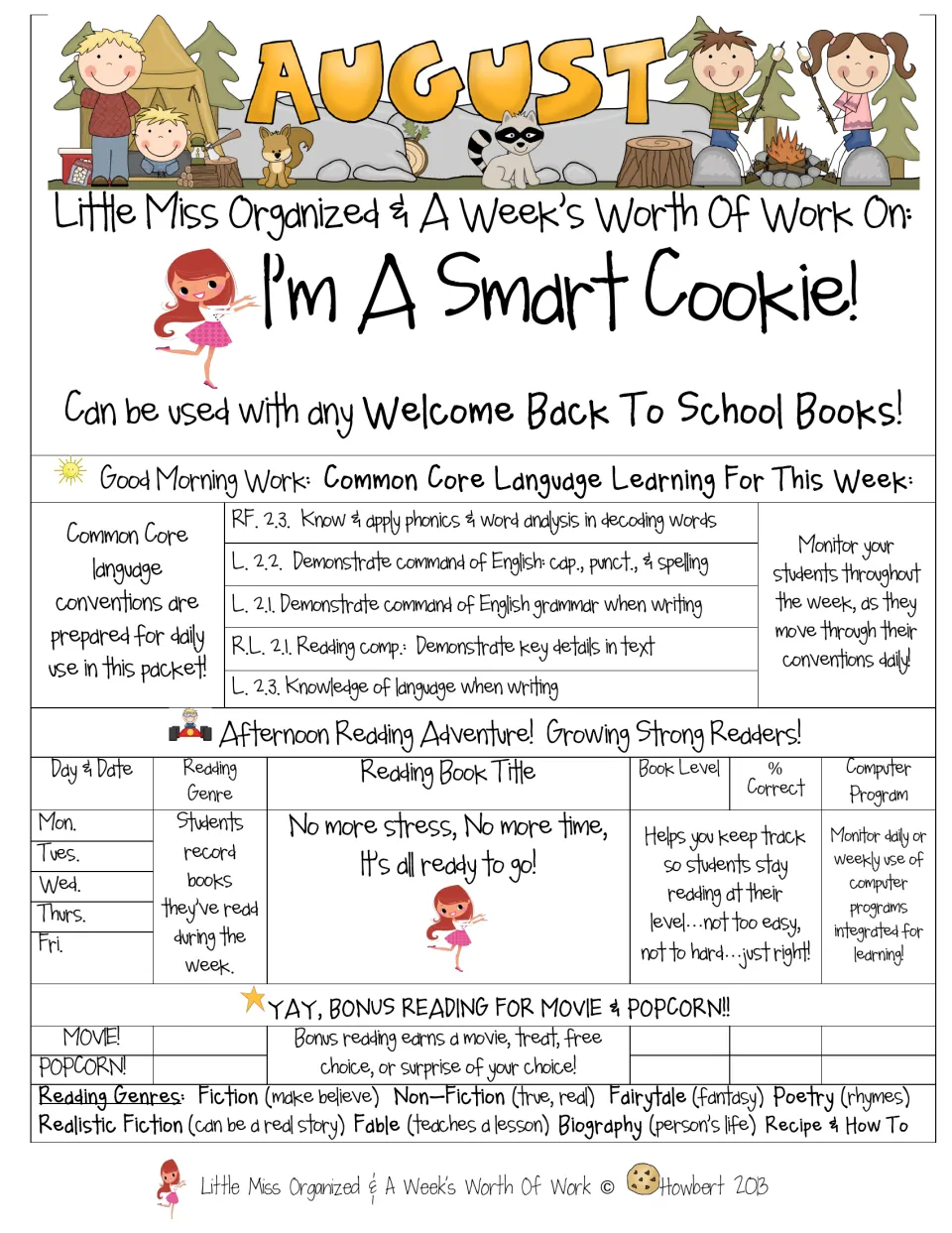 August week-of-work cover listing the Common Core language skills practised and a sample afternoon reading log with genres