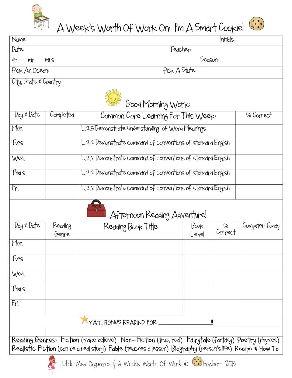 Student weekly tracker: Monday to Friday morning work checklist plus a reading log for genre, book title, level and score