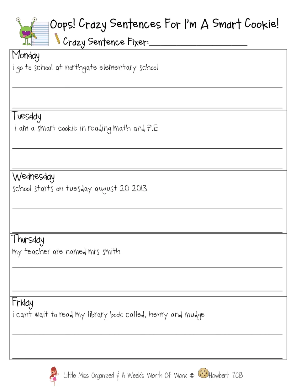 Crazy Sentences editing: students rewrite one daily sentence per weekday, fixing capital letters, punctuation and grammar