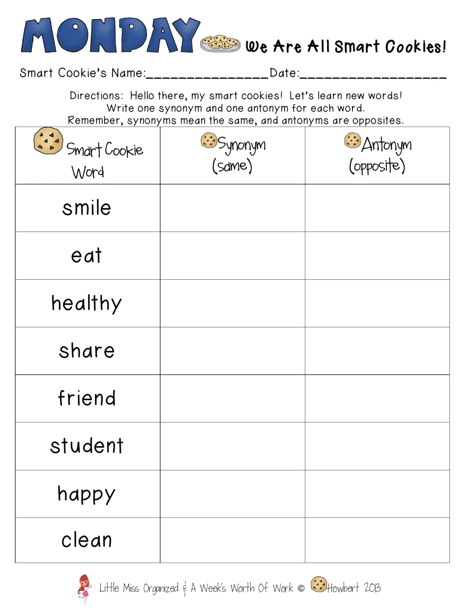Monday synonyms and antonyms: students write a same-meaning and opposite word for eight words such as smile, share and clean