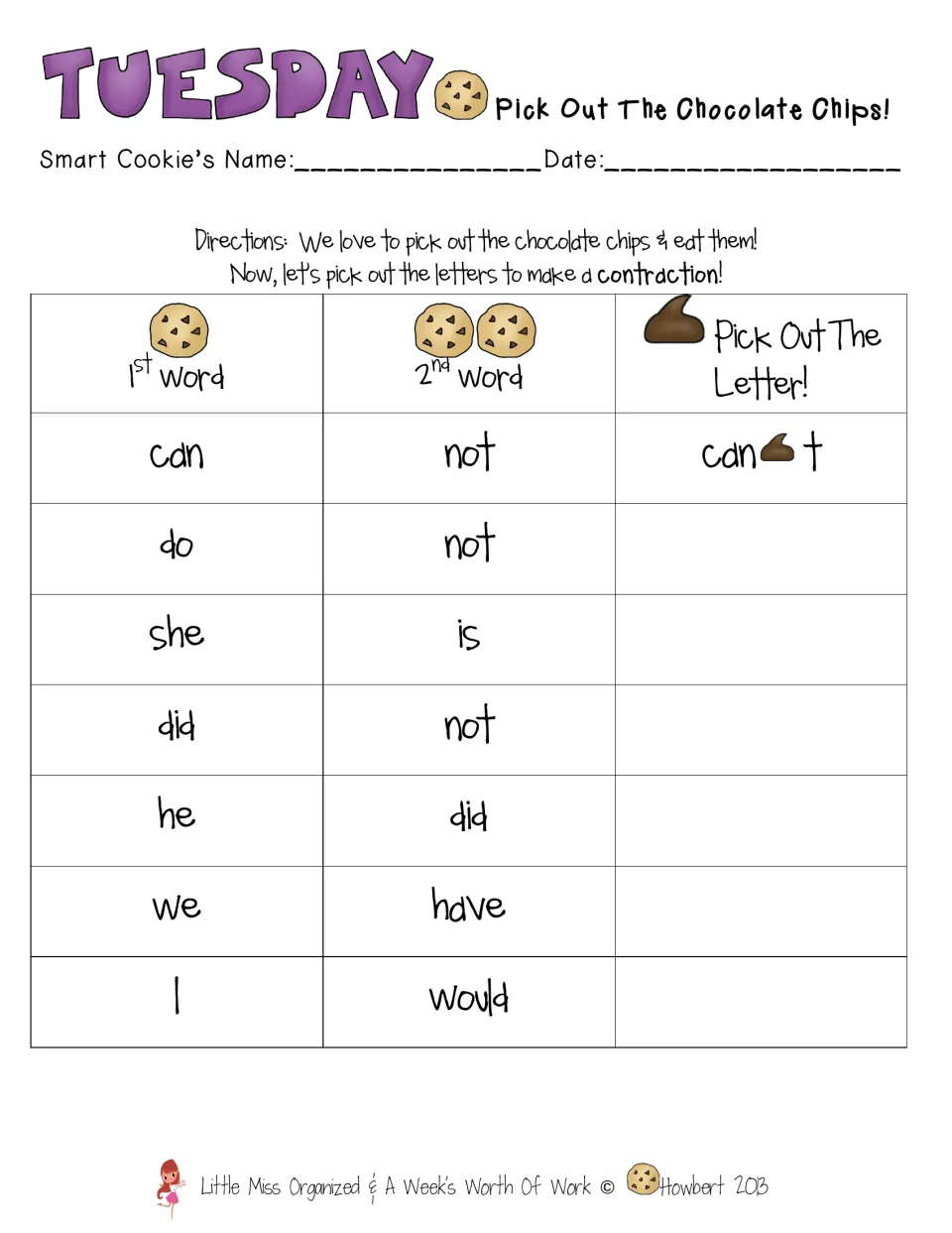 Contractions: students join word pairs such as do not, she is and we have, using a chocolate chip as the apostrophe
