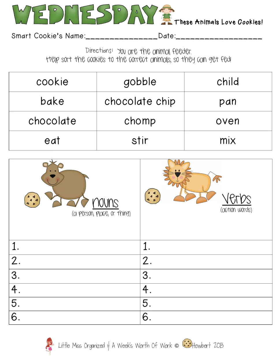 Nouns and verbs sort: students sort 12 cookie words like bake, oven, chomp and child into noun and verb lists