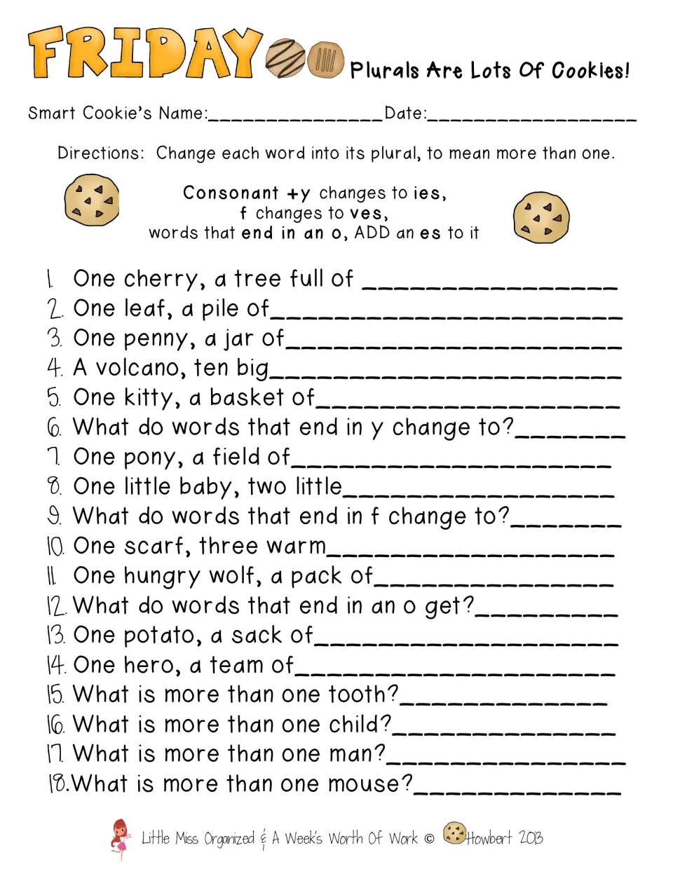 Plural nouns: students answer 18 prompts using y to ies, f to ves and o plus es rules, and irregulars like tooth and mouse