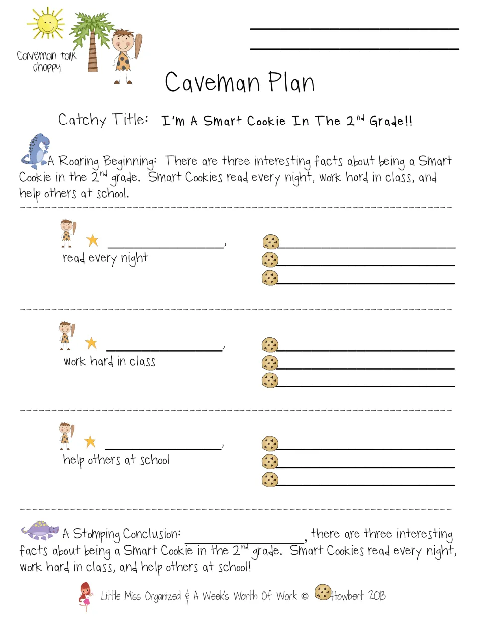 Caveman Plan paragraph organizer: students add details for read every night, work hard in class and help others at school