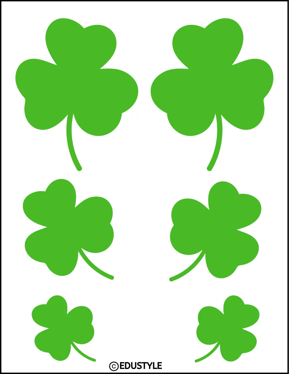 Six green shamrock cutouts in three sizes for decorating the St. Patrick's Day bulletin board or door
