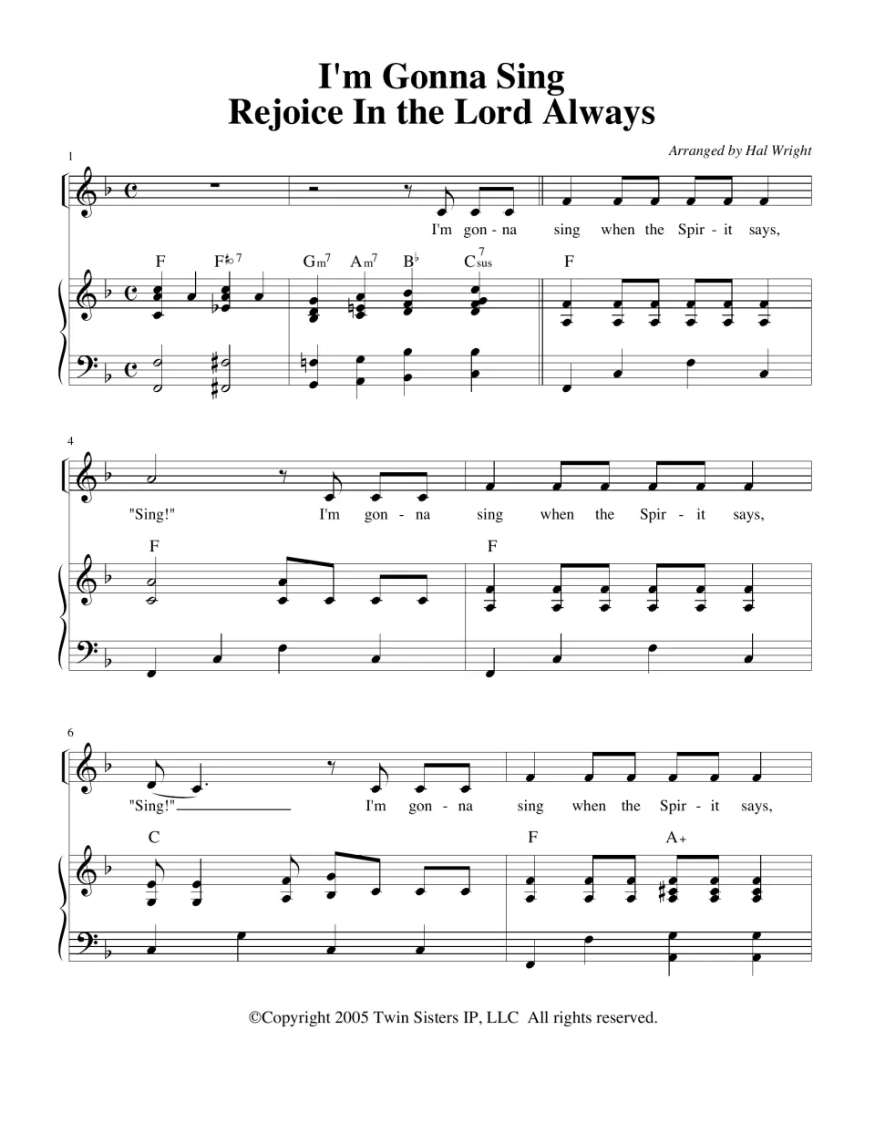 Opening of a two-song vocal and piano medley, bars 1-7 in F: the "I'm gonna sing when the Spirit says" verse begins