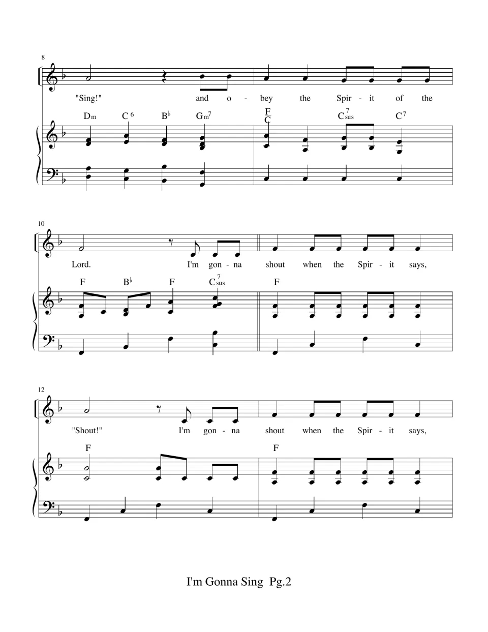 Song score bars 8-13 in F major: the "Sing!" verse ends on "obey the Spirit of the Lord" and the "Shout!" verse begins