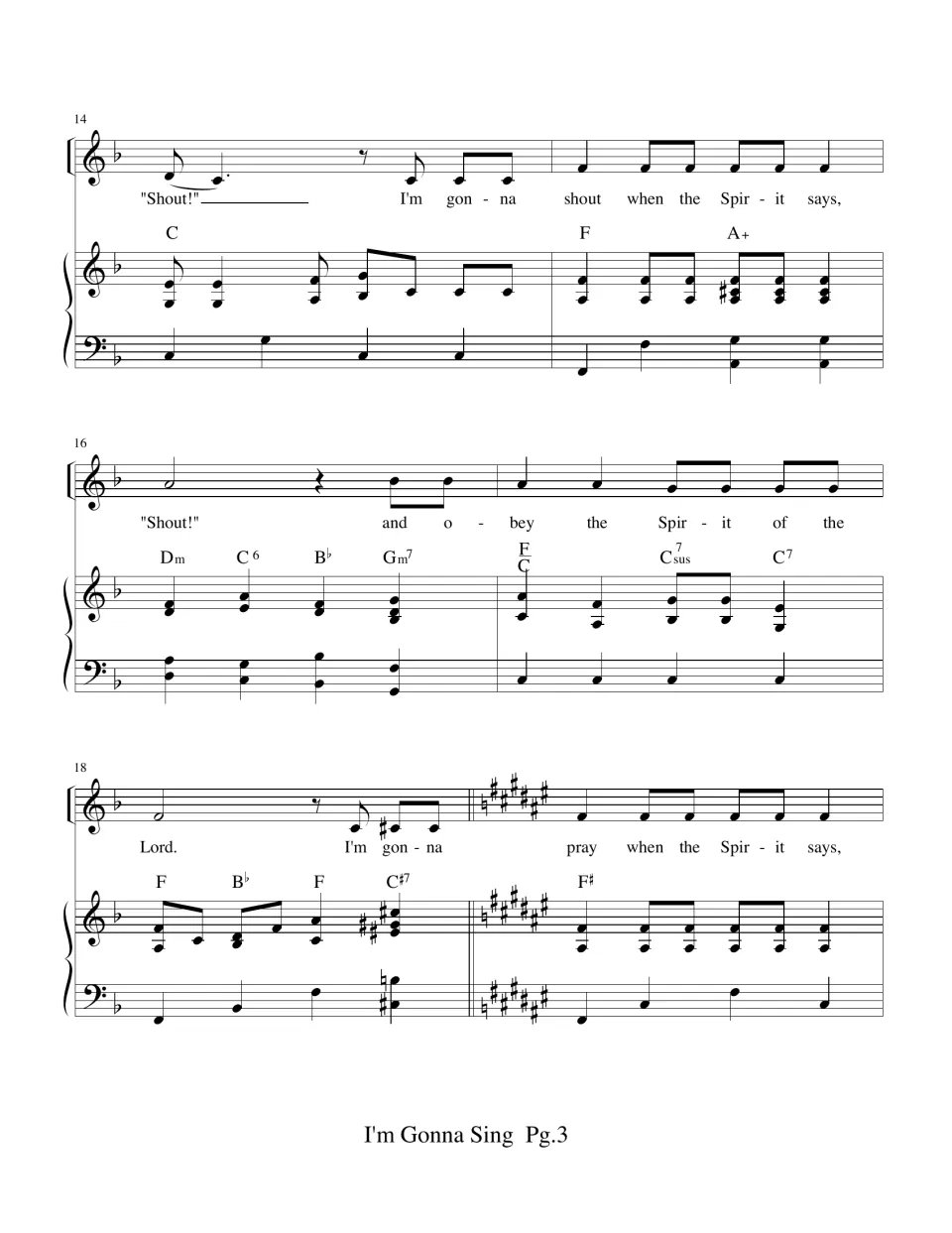Vocal score bars 14-19: the "Shout!" verse closes and the music modulates to F sharp major for the "pray" verse
