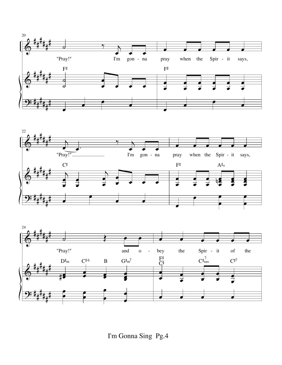 Piano-vocal bars 20-25 in F sharp major: the "Pray!" verse repeats its call and leads into "obey the Spirit of the"