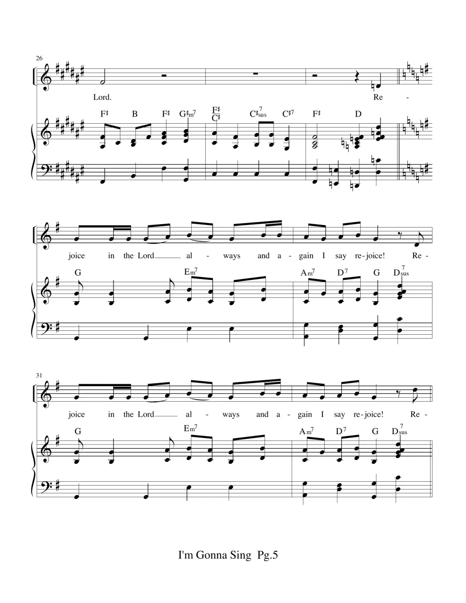Bars 26-32: the pray verse ends on "Lord" and a key change to G major starts the Rejoice In the Lord Always section