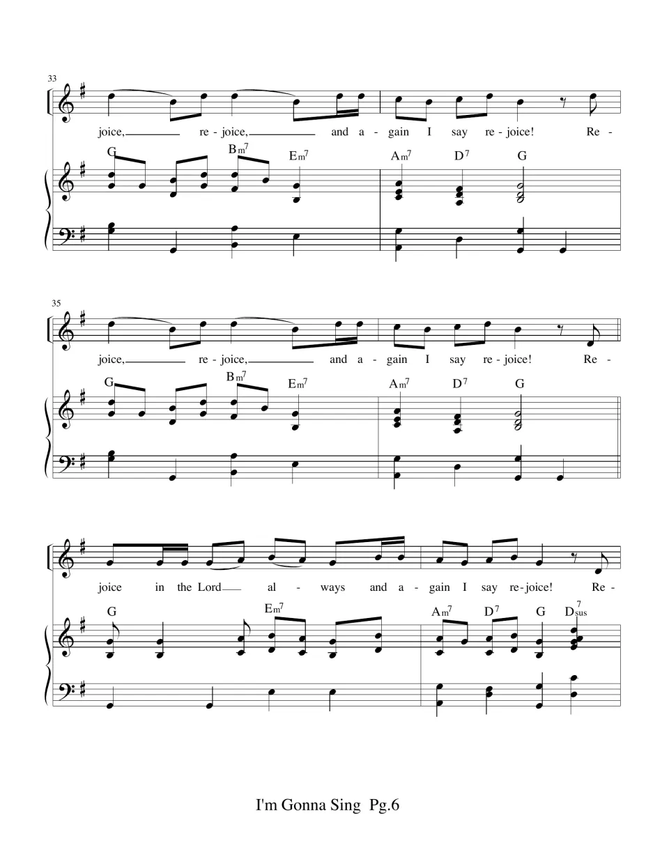 Bars 33-38 in G major: two slurred call phrases ending "and again I say", then the "in the Lord always" line returns