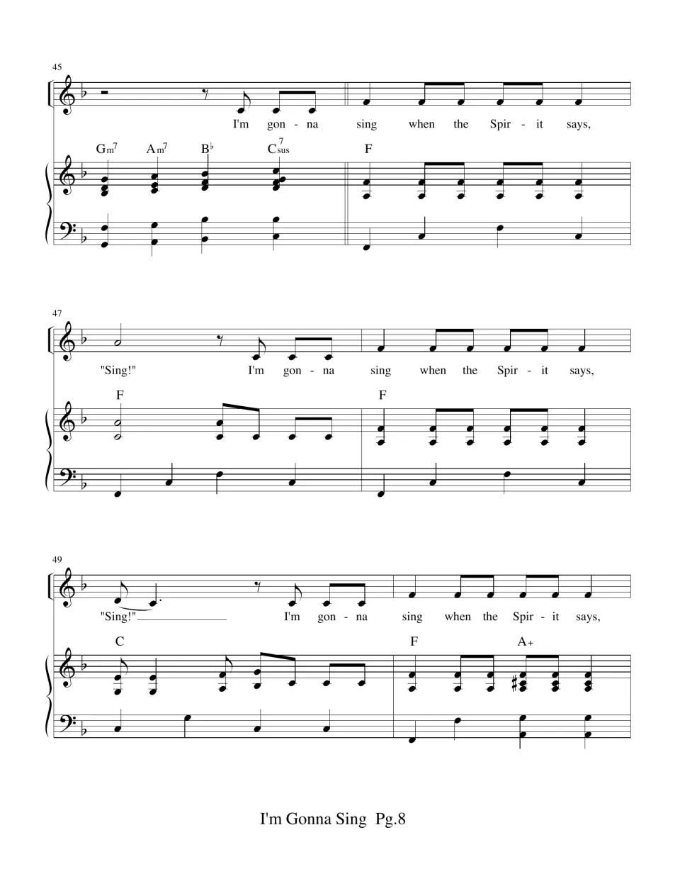 Return of the "I'm gonna sing when the Spirit says" verse in F major, bars 45-50, with chords Gm7, Am7, C7sus and F