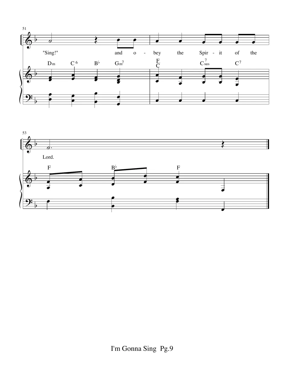 Final bars 51-53 of the medley: "Sing! and obey the Spirit of the Lord" ending on a held F chord and final barline