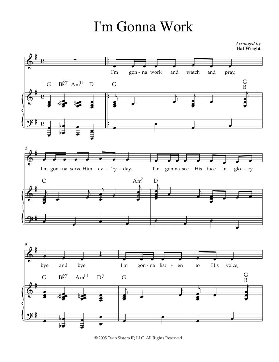 Song score opening, arranged by Hal Wright: vocal melody with lyrics "work and watch and pray" over piano chords in G