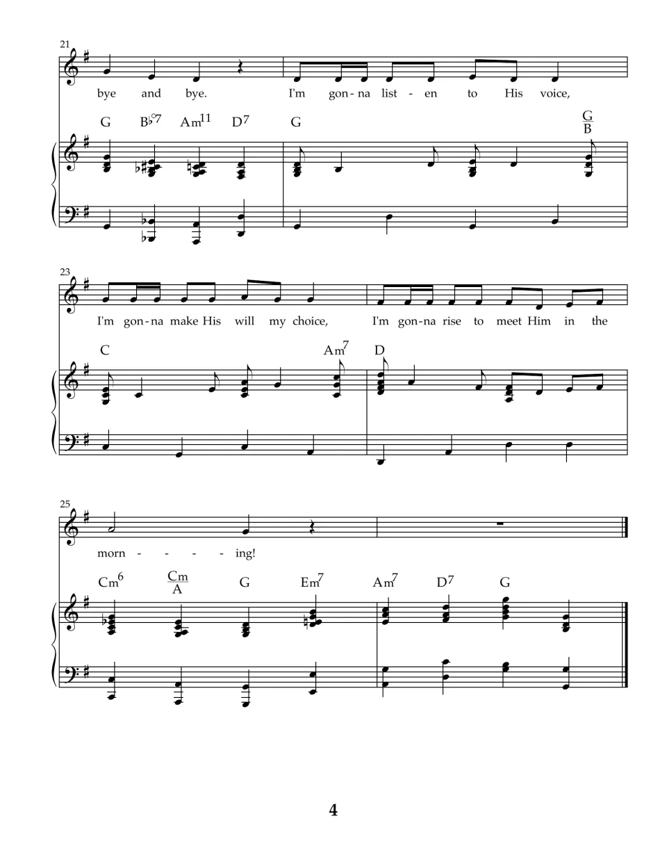 Closing vocal and piano score, measures 21-26: "listen to His voice" through the final "morning!" and ending chords