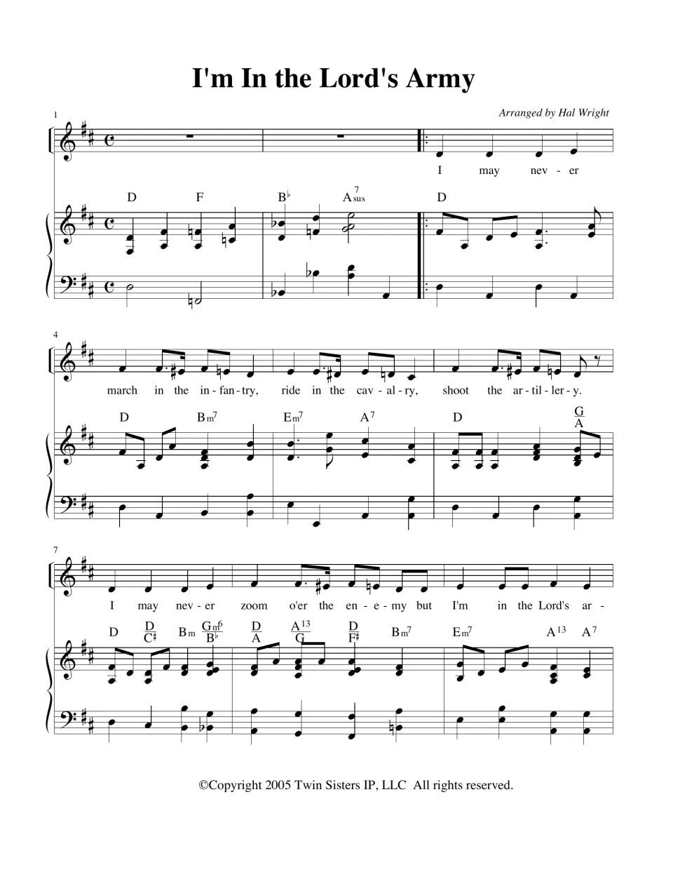 I'm In the Lord's Army sheet music, measures 1-9: vocal melody with piano part and chord names in D, arranged by Hal Wright