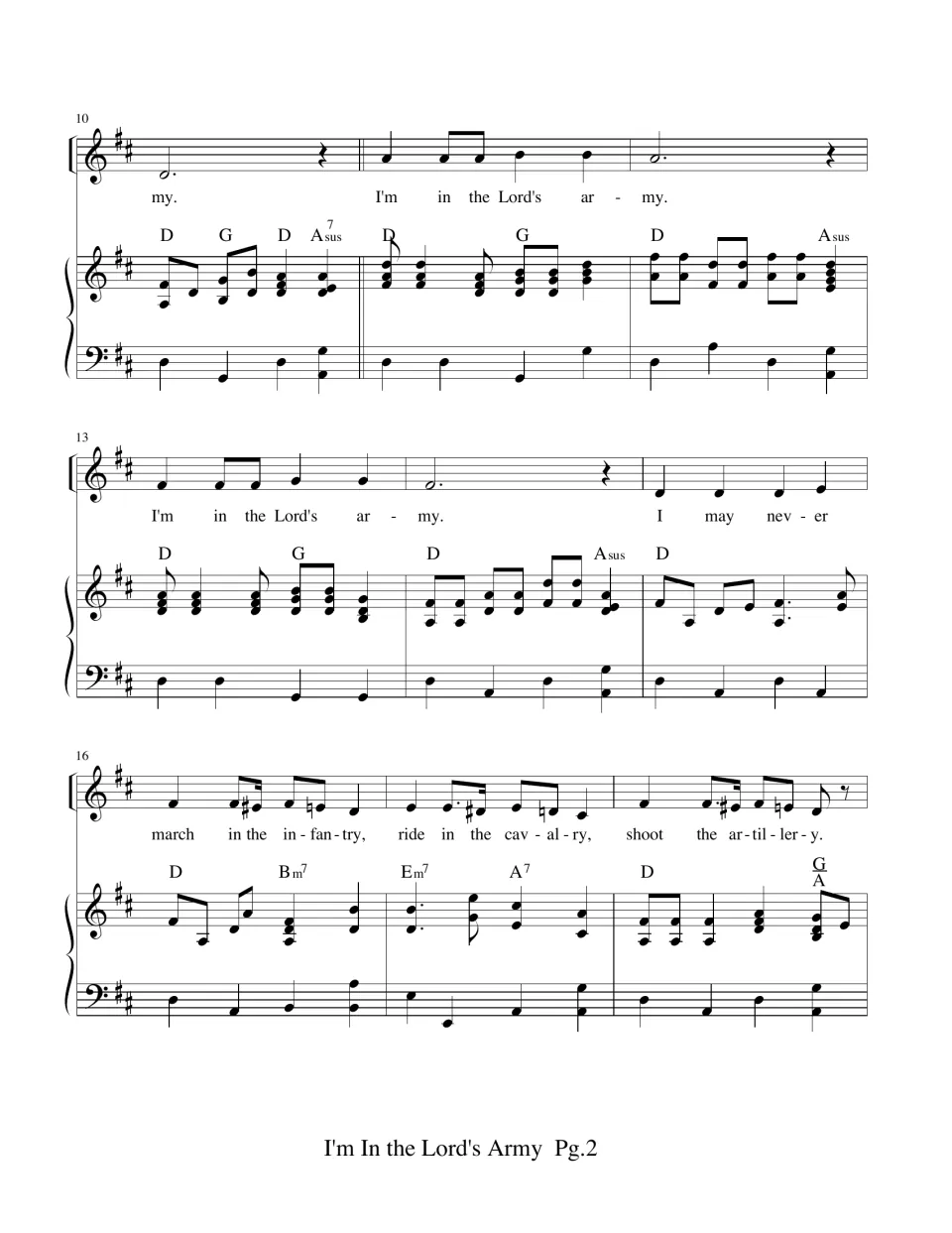 Measures 10-18: vocal line and piano part repeat the chorus, then return to the infantry, cavalry and artillery verse