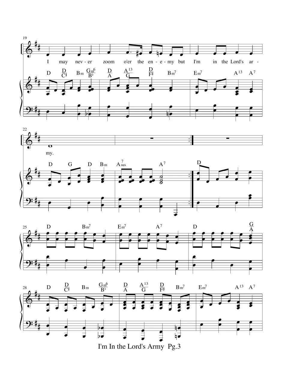 Measures 19-30: vocal line ends at the repeat sign, then a piano-only interlude over D, Bm7, Em7 and A7 chords