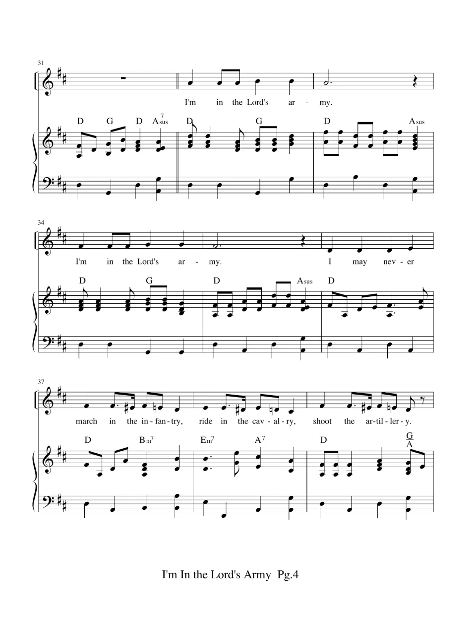 Measures 31-39: vocals return for the chorus and the infantry, cavalry and artillery lines over piano accompaniment