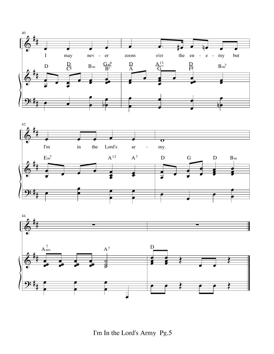 Measures 40-45: final vocal chorus phrase, then a closing piano tag on Asus7, A7 and D that ends the song