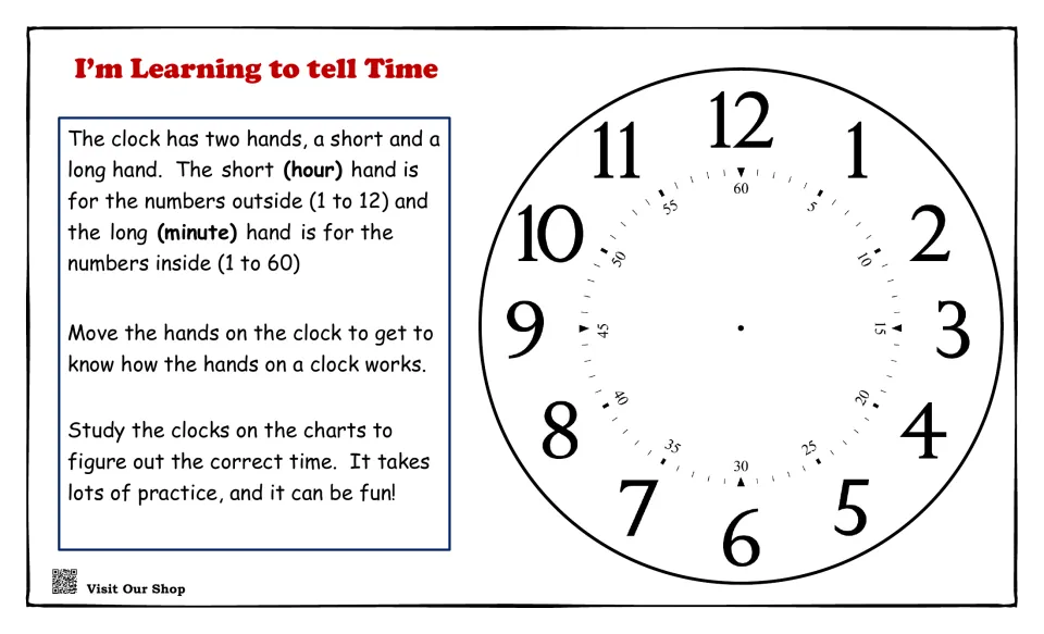 Telling time intro: explains the short hour hand and long minute hand beside a large blank clock face with minute marks