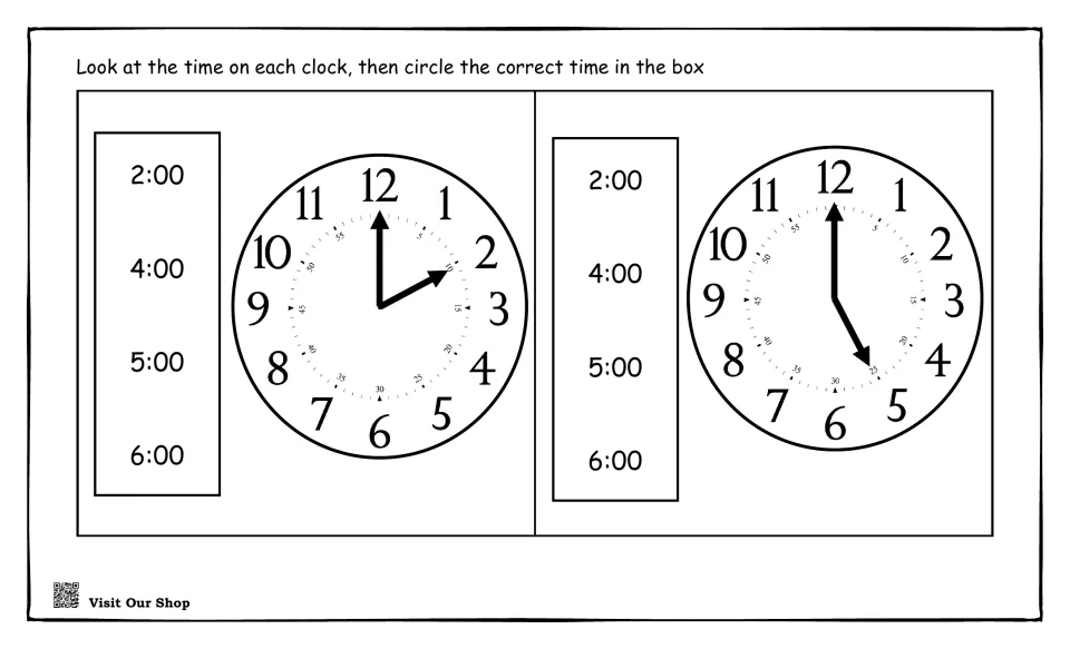 Time to the hour: students read two analog clocks and circle the matching time from 2:00, 4:00, 5:00 and 6:00