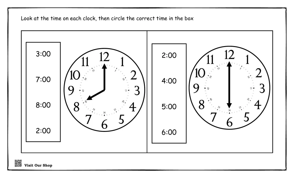 Reading o'clock times: students circle the time shown on each of two clocks, with choices like 3:00, 7:00 and 8:00