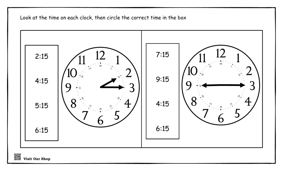 Quarter past the hour: students read two clocks with the minute hand on 3 and circle the matching :15 time