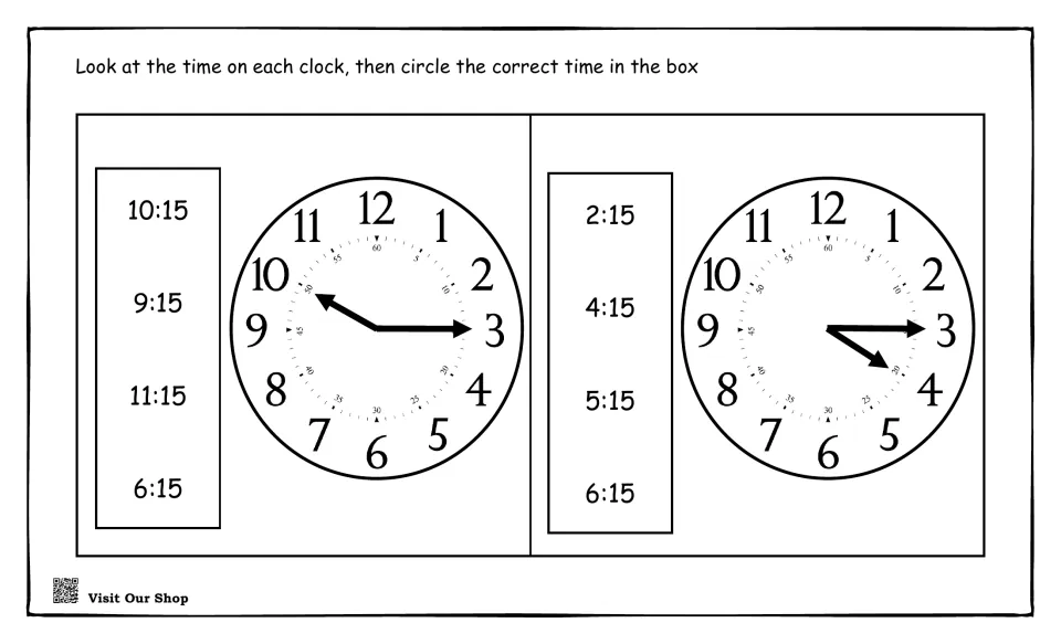 More quarter-past times: students match two clocks to times like 10:15, 9:15, 11:15 and 2:15, circling the correct one