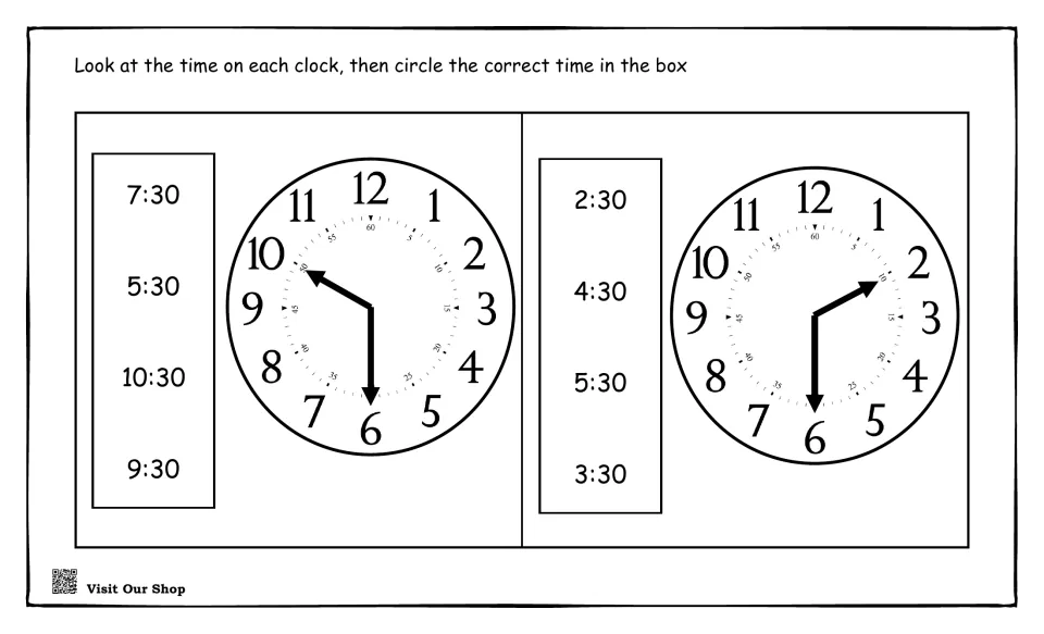 Half past the hour: students read two clocks with the minute hand on 6 and circle the :30 time, e.g. 7:30, 10:30 or 2:30