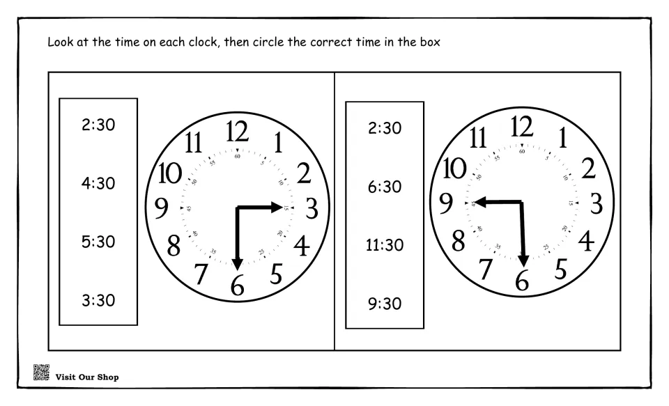 More half-hour clocks: students circle the matching time for two clocks from choices including 4:30, 6:30 and 11:30