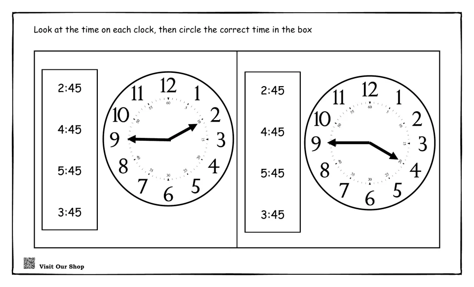 Quarter to the hour: students read two clocks with the minute hand on 9 and circle 2:45, 4:45, 5:45 or 3:45 for each