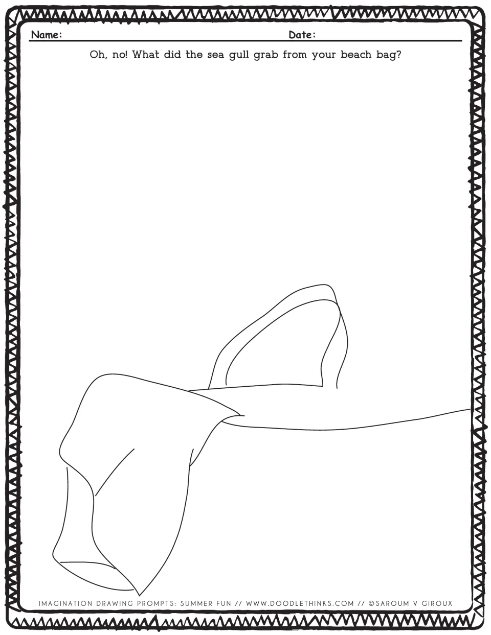 Sea gull prompt: students finish a drawing of a towel and beach bag, showing what the gull grabbed from their bag