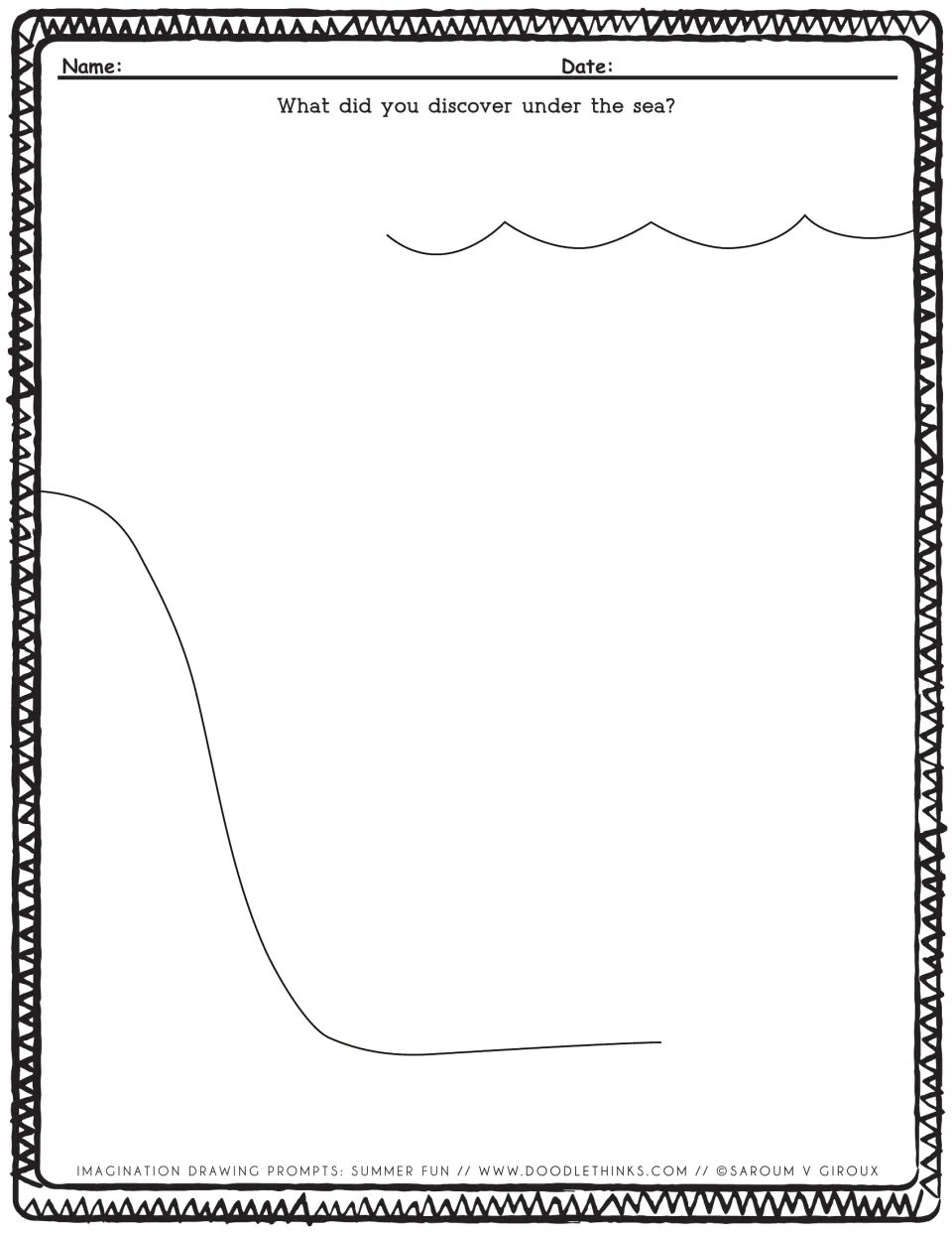 Under-the-sea discovery prompt: students draw what they found below the waves, above a sloping seafloor