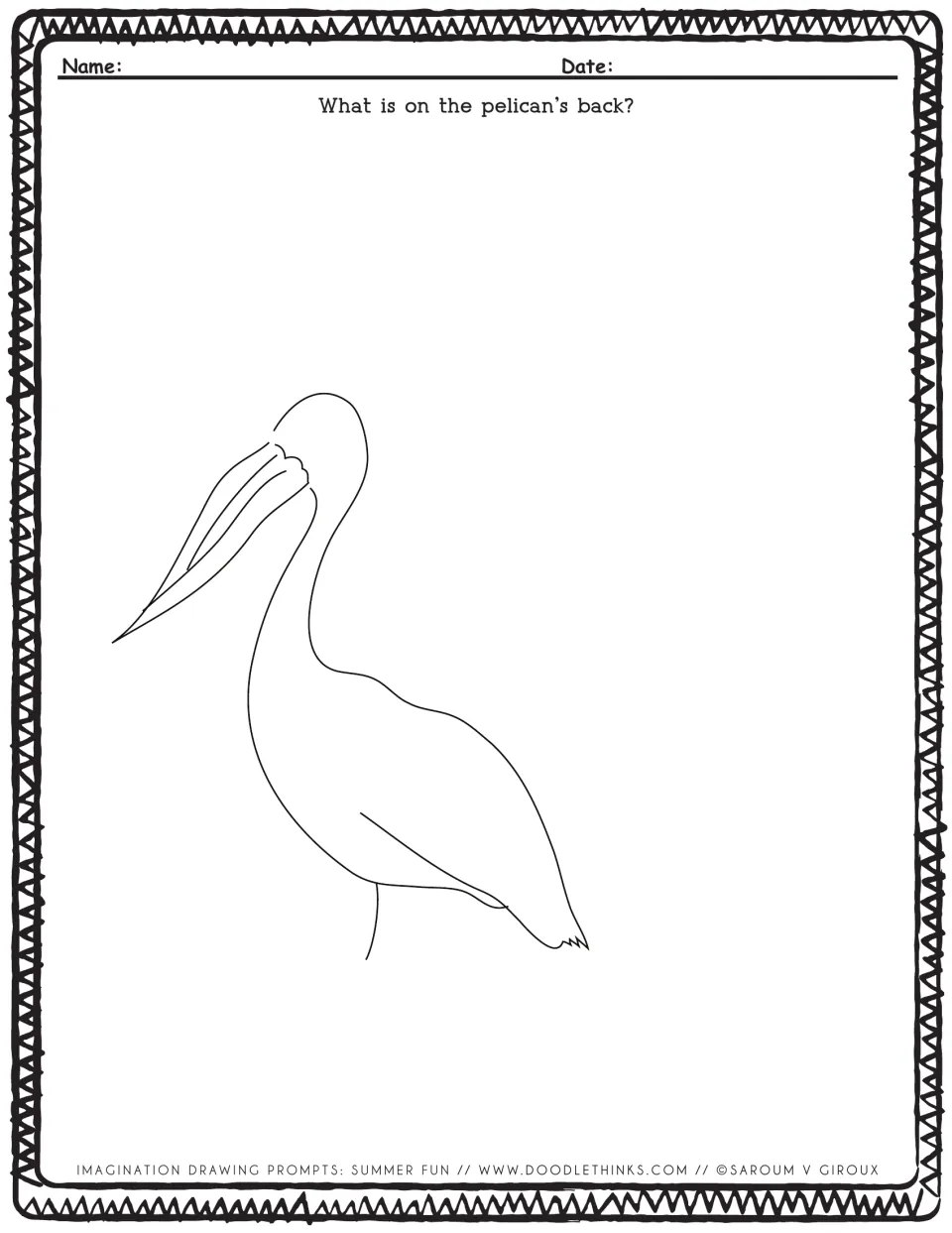 Pelican prompt: students complete an outline of a standing pelican by drawing whatever is riding on its back