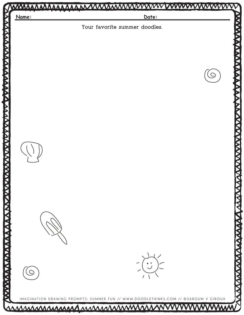 Summer doodles page: students fill the space with favorite summer doodles around a sun, shell, swirls and popsicle