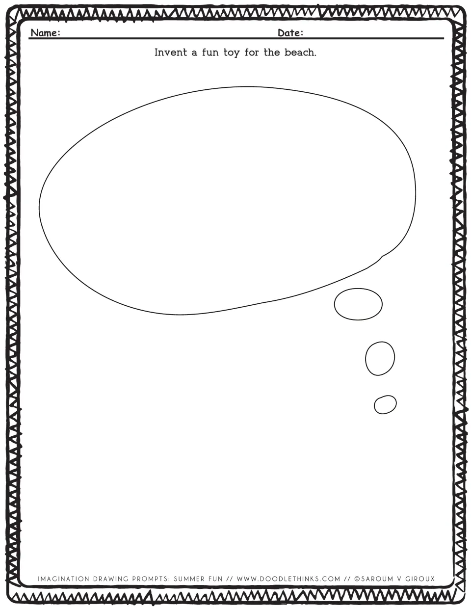 Beach toy invention prompt: students design a fun new toy for the beach inside a large thought bubble