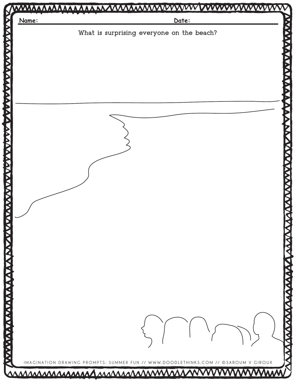 Beach surprise prompt: students draw what is surprising a crowd of people outlined at the bottom of a shoreline scene