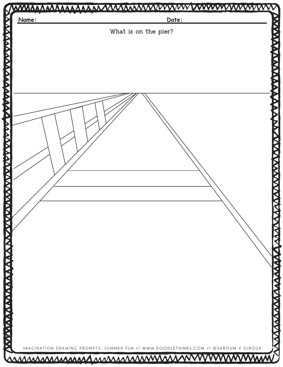Pier prompt: students add what is on a pier drawn in one-point perspective with a railing leading to the horizon