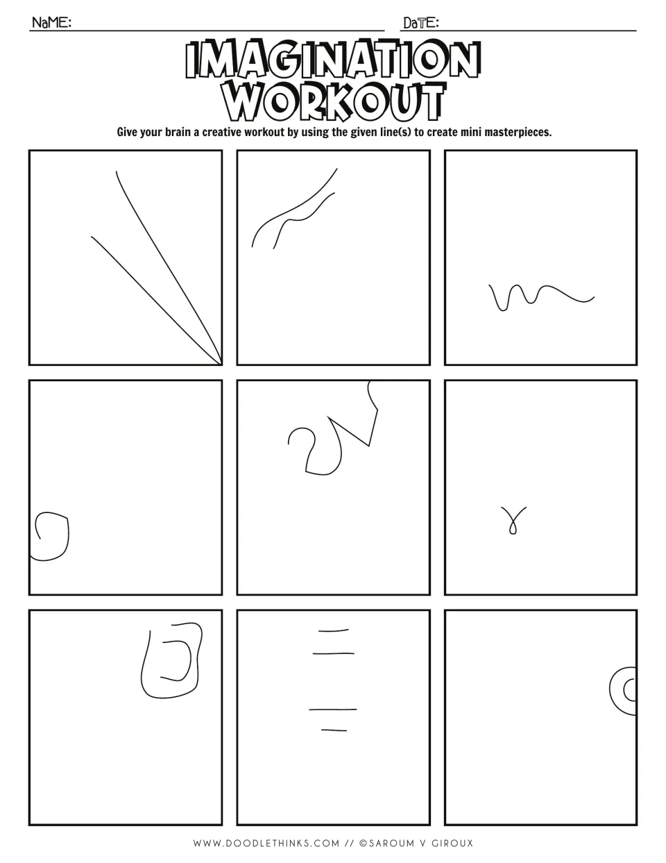 Imagination Workout drawing prompts: students turn starter lines such as a fan, a wave and a spiral into nine drawings