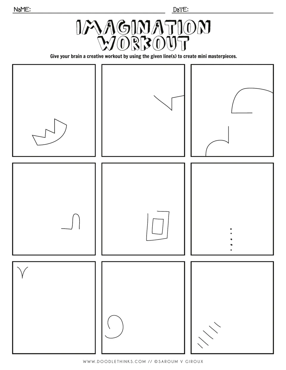 Doodle starters: students expand a zigzag crown shape, a small square, a row of dots and slanted dashes into nine sketches