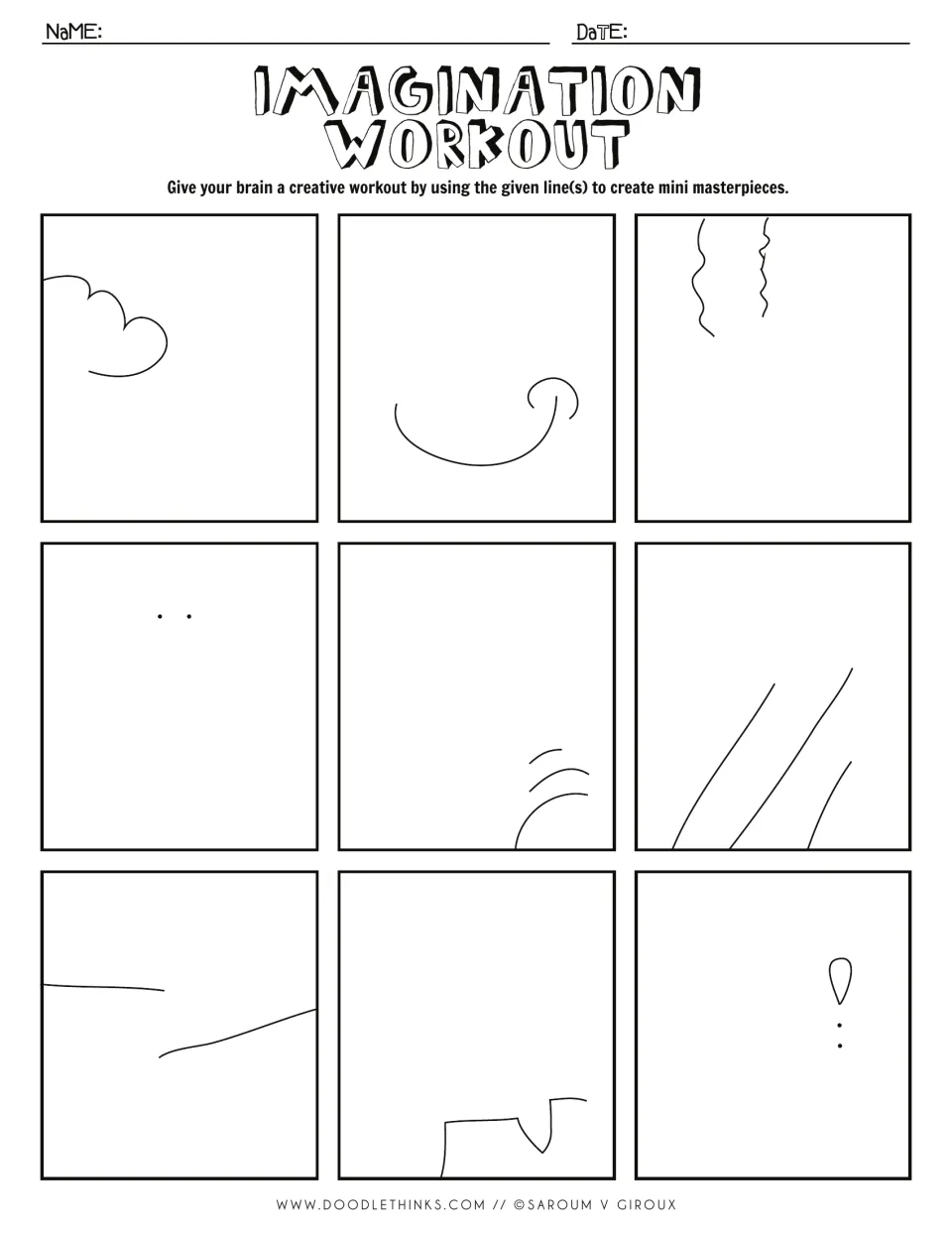 Creative drawing from given marks: a cloud curve, two dots, wavy strands and an exclamation point become student pictures
