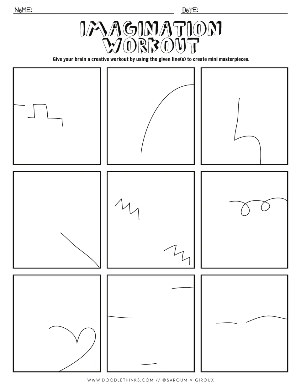 Line-completion drawing: students build pictures from a tall arch, zigzags, loops and a half-heart curve in nine prompts
