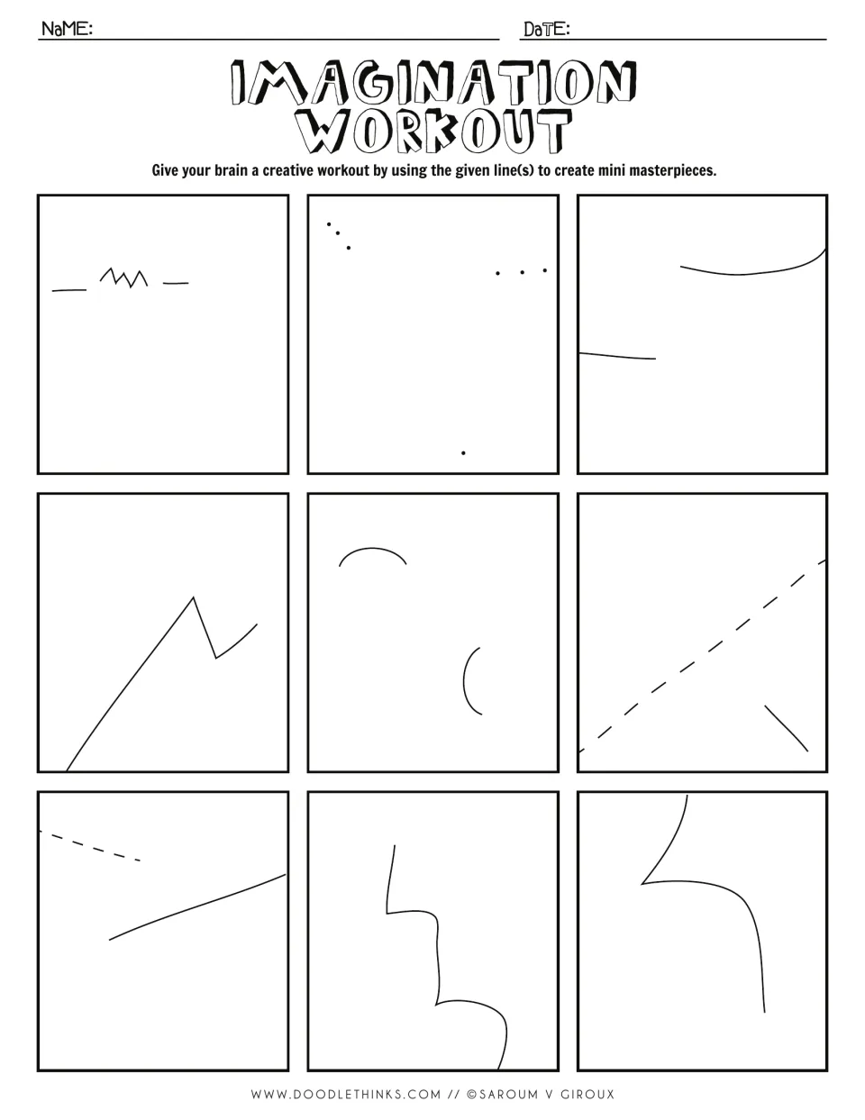 Open-ended sketching prompts: dashed diagonals, scattered dots, a jagged peak and wavy edges for students to complete