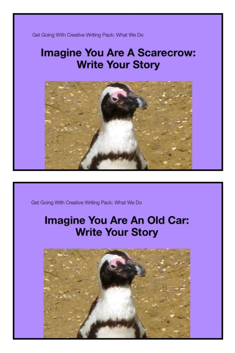 Creative writing pack cover introducing two story activities: imagine being a scarecrow or an old car.