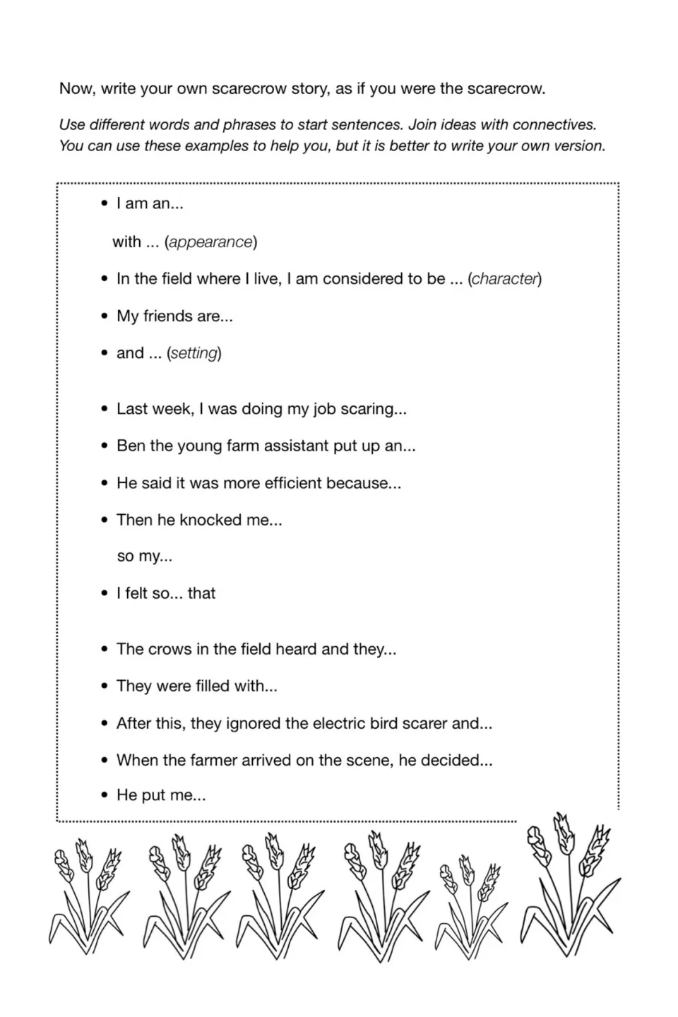 Scarecrow story prompts guide descriptions of appearance, friends, replacement, feelings, and rescue.